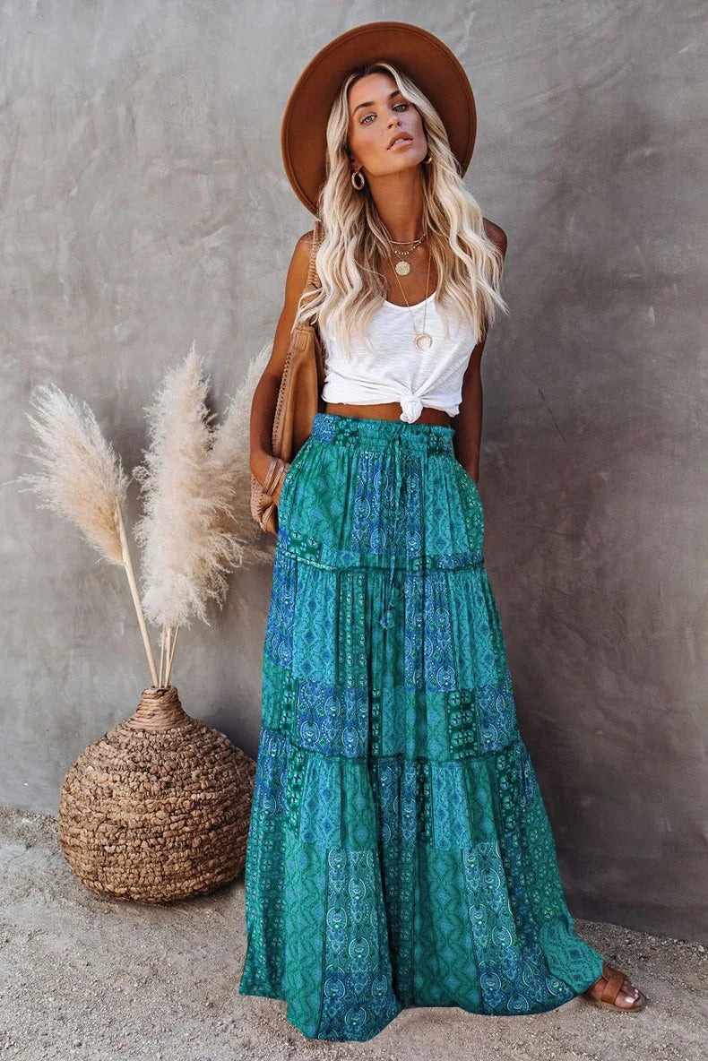 Valenzora | High-waisted long printed A-line skirt floral skirt