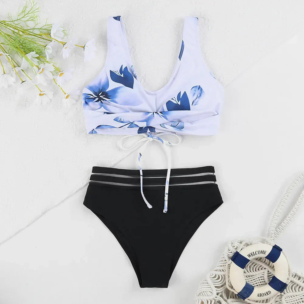 Valenzora | Schnür-High-Waist-Bikini Damen Bademode Damen Badeanzug Gepolstert Push-Up Floral Badeanzug Damen Bikini-Set