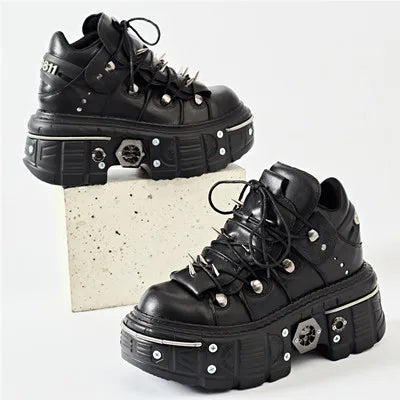Valenzora | Fashion Women's Ankle Boots, Thin Heels, Round Toe, Lace-Ups, Metal Decoration, Sneakers, Studded, Punk, Gothic, Rock Shoes