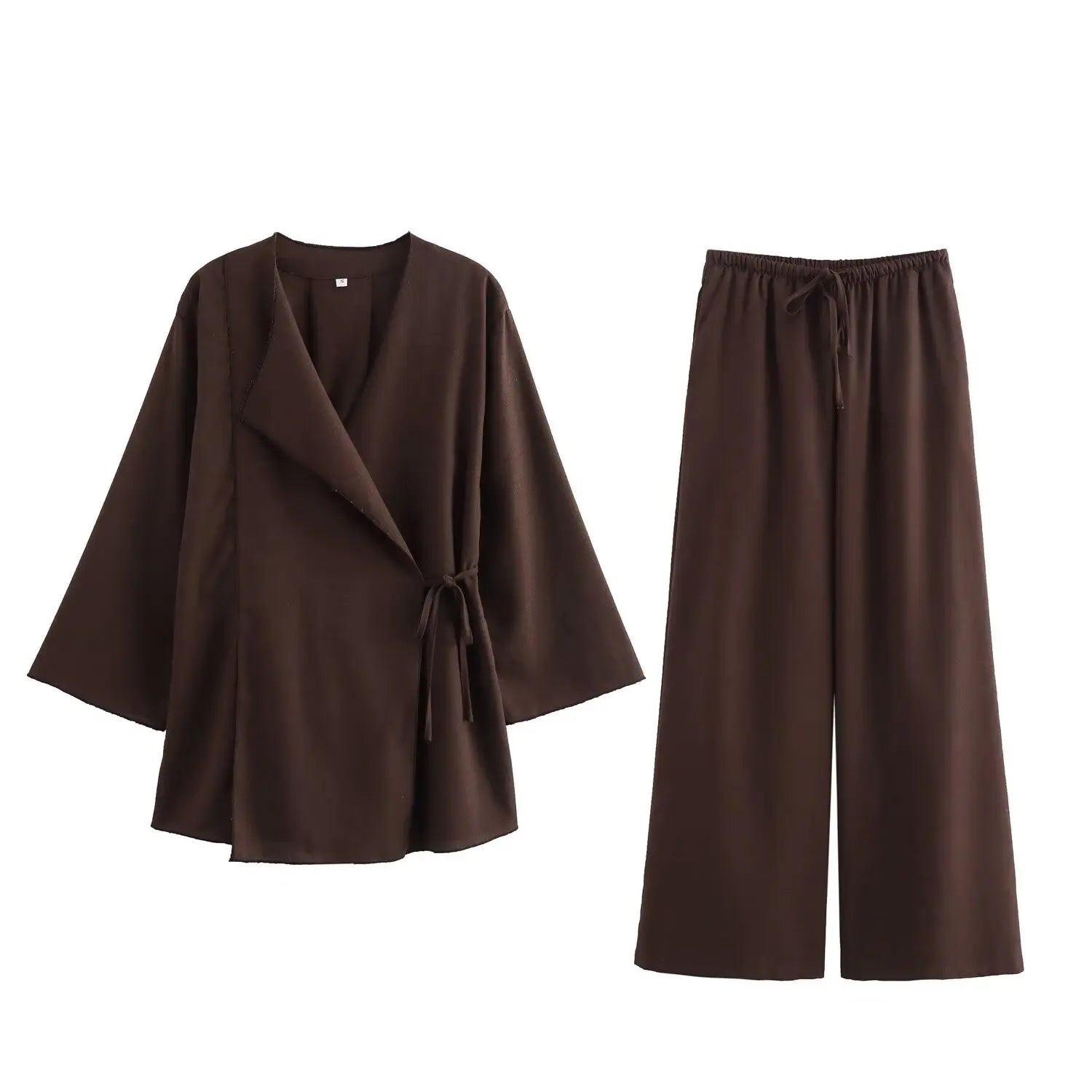 Valenzora | Fashion Linen 2-Piece Women's Spring Summer Kimono Style Loose Lace-Up Shirts Tops Women's Wide Leg Trousers Set