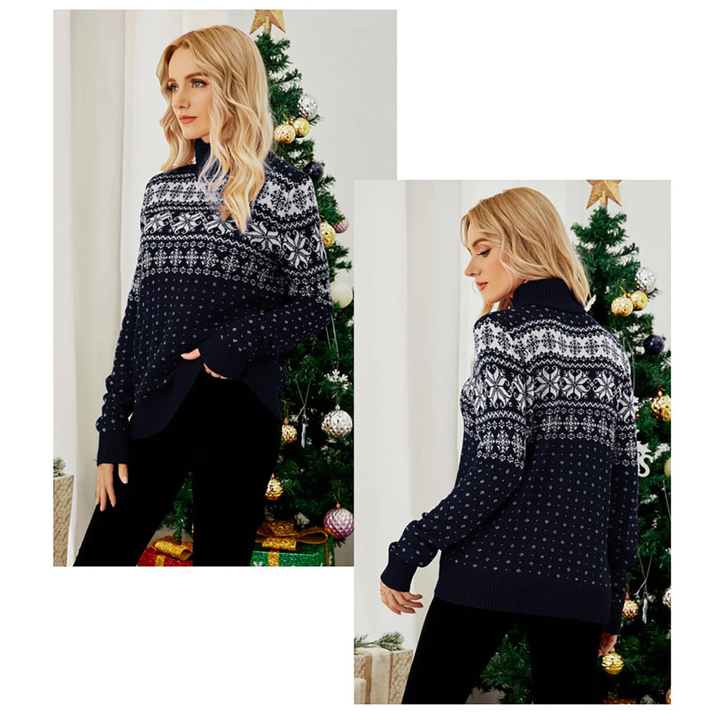 Valenzora - Hässlicher Weihnachtspullover - Vintage Rollkragenpullover mit Schneeflockenmuster