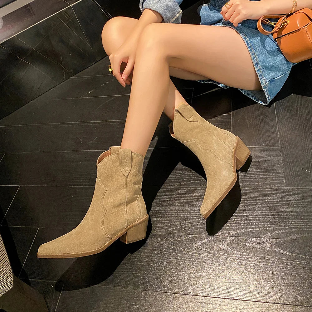 Valenzora | Cowhide Leather Women's Suede Women's Boots with Heel