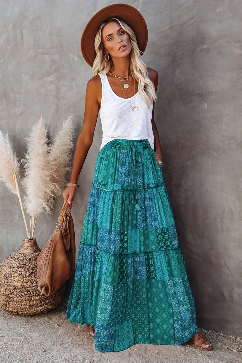 Valenzora | High-waisted long printed A-line skirt floral skirt