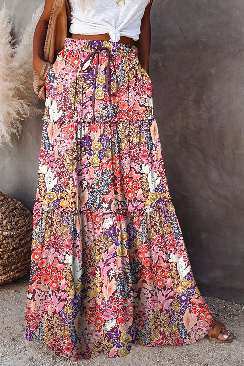 Valenzora | High-waisted long printed A-line skirt floral skirt