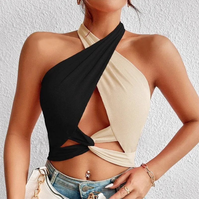 Valenzora | Damen-Sommer-Tanktops Sexy Patchwork Kreuz Halter Neck Träger Loch Crop Tops High Street Wear Neue Mode