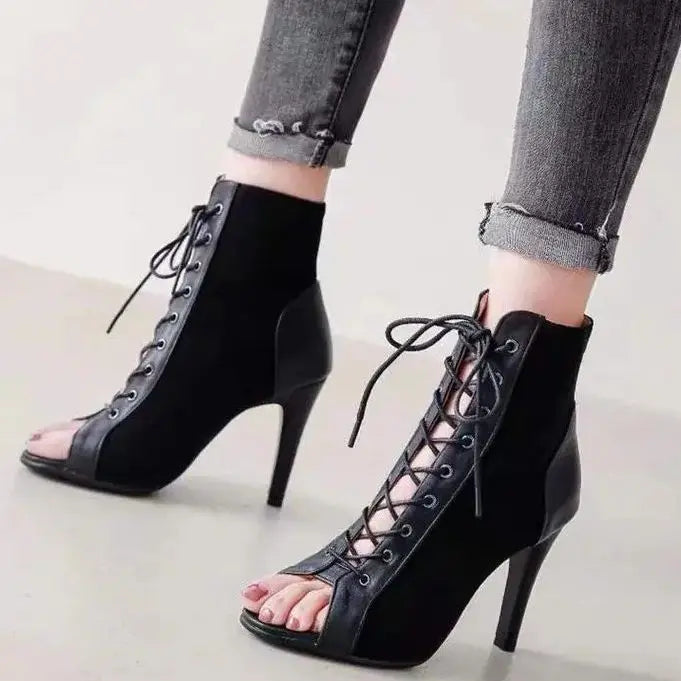 Valenzora | Sandalen Cave Mesh High Heels Gürtelschnalle Damen Sommer Beige Schnürung Sexy Offene Spitze Stiletto Jazz Dance Party Damenschuhe