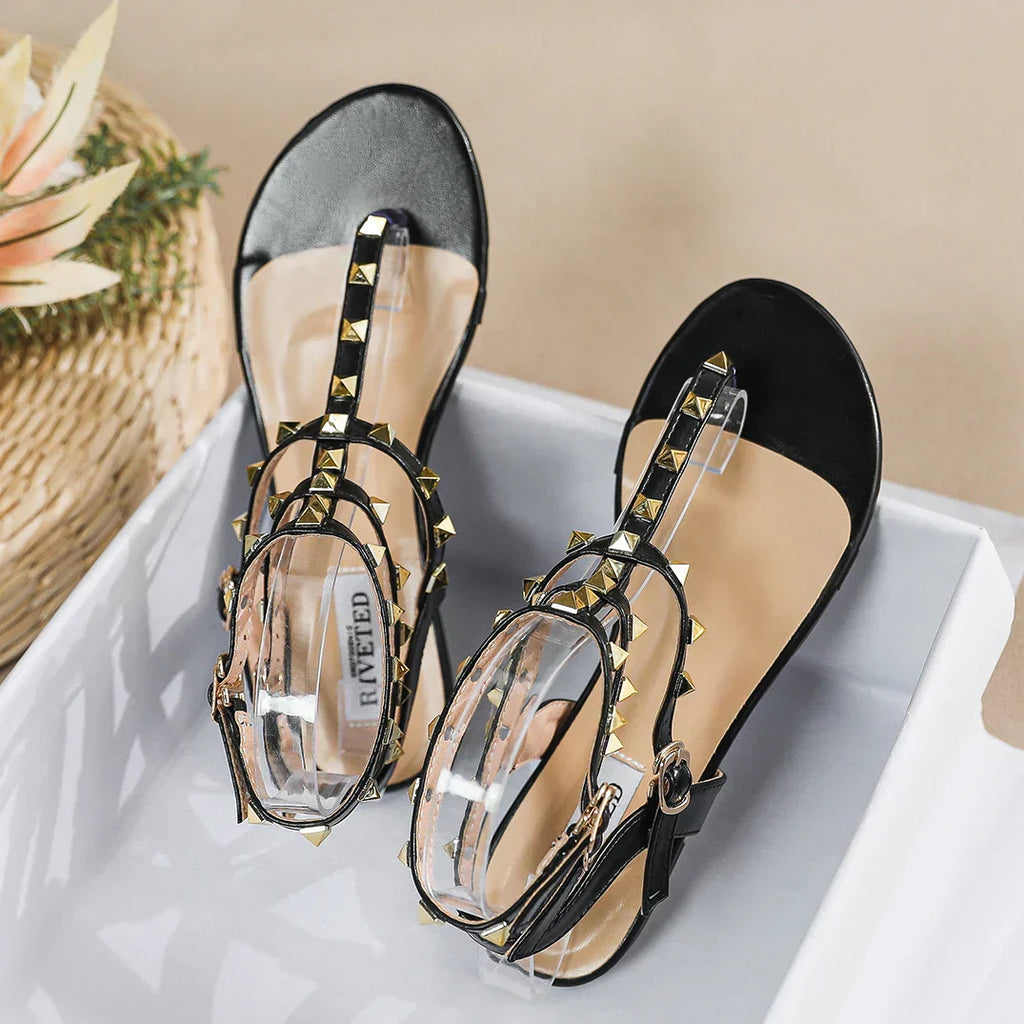 Valenzora | New Summer Outdoor Women's Flat Sandals British Style Women's Casual Roman Flat Stylish Studded Design Work and Party