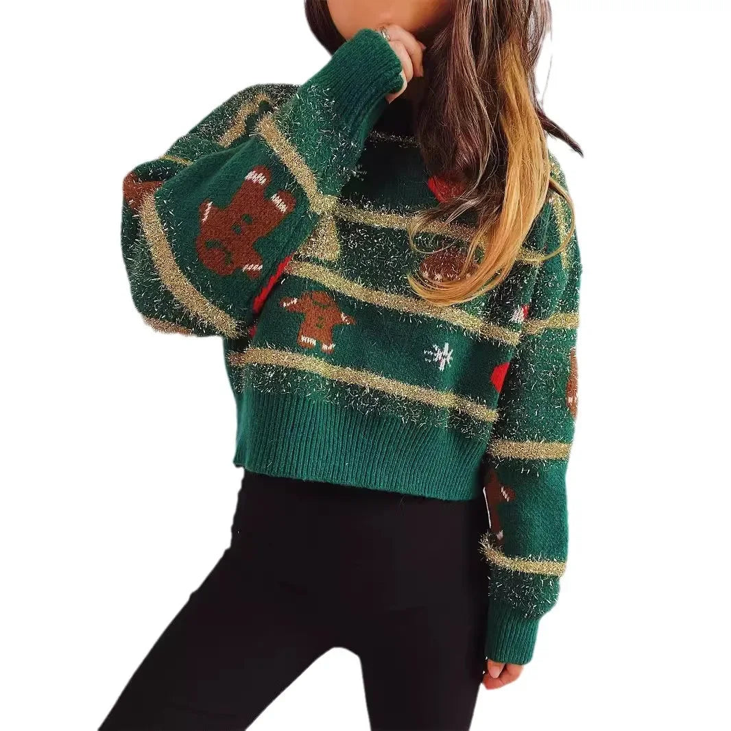 Valenzora - Ugly Christmas Sweater - Kurzpullover mit Jacquardmuster und Goldstreifen
