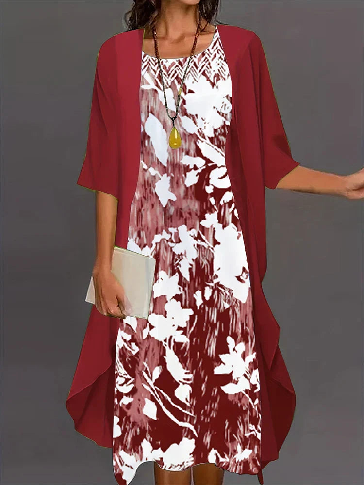 Valenzora | Plus Size Autumn New Women's Floral Pattern Long Dress Printed Pattern Two Piece Dress Round Neck Temperament Elegant Dress