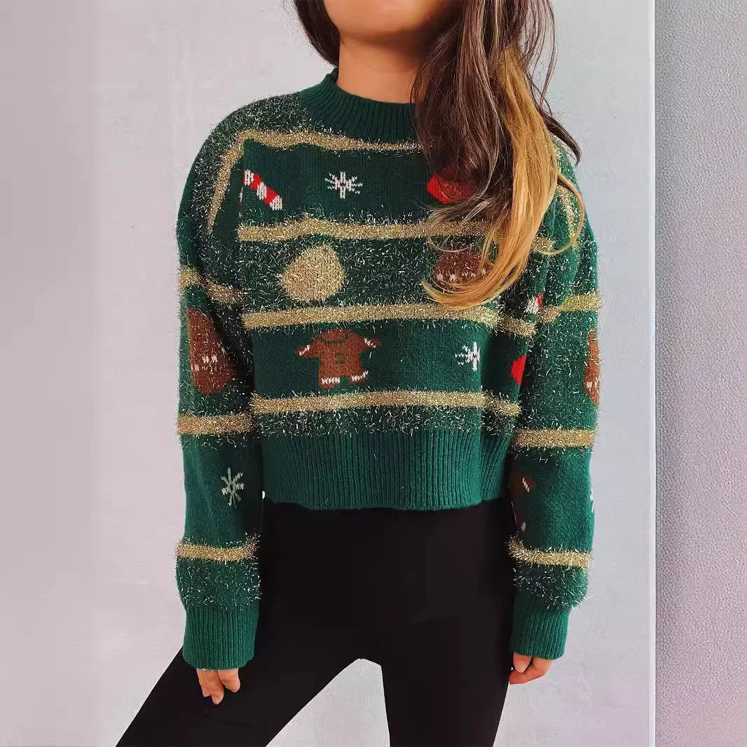 Valenzora - Ugly Christmas Sweater - Kurzpullover mit Jacquardmuster und Goldstreifen