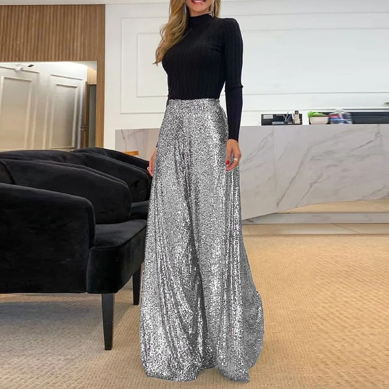 Valenzora Elegant Shiny Sequin Long Trousers