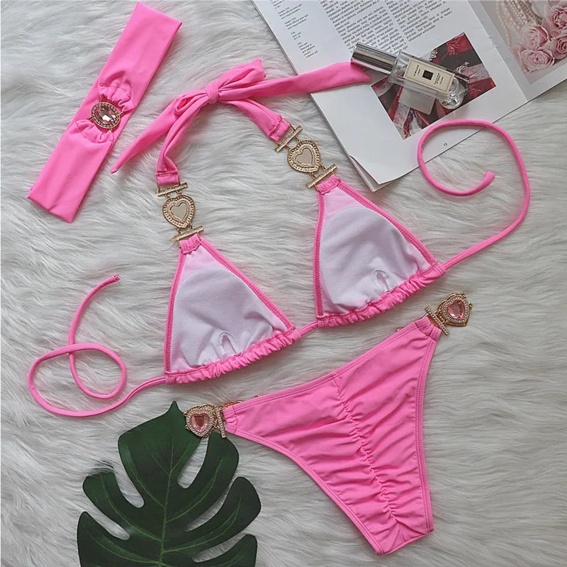 Valenzora | Rosa sexy Bikinis Bademode mit Herz-Strasssteinen Damen Bademode Weiblicher Push-Up Bikini Strand Bademode Badeanzüge Pool Bademode