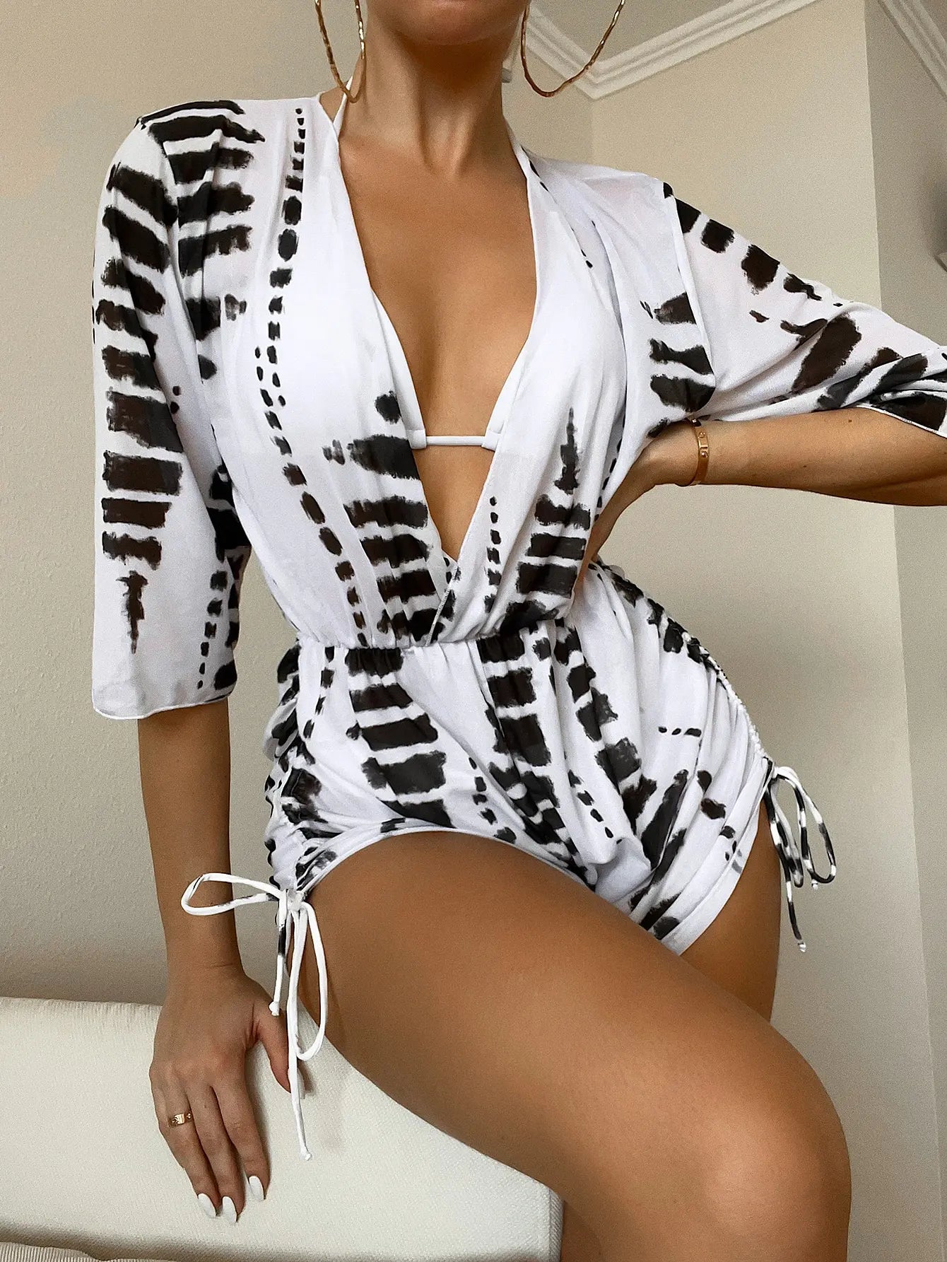 Valenzora | 3-teiliger Bikini mit tropischem Print, Neckholder, seitlicher Schnürung, Damen-Badeanzug, weibliche Bademode, Sommer-Strandbekleidung