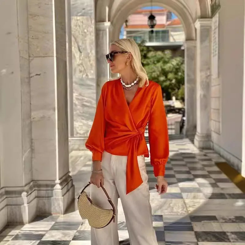 Valenzora | Satin Orange Long Sleeve V-neck Shirt for Women in Red Orange