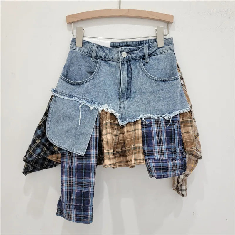 Valenzora | Vintage unregelmäßige Patchwork-karierte Jeans-Miniröcke für Damen, hohe Taille, Wickelrock, Minirock, Sommer Damen