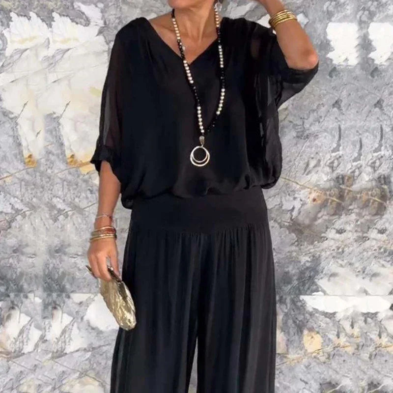 Valenzora | Elegant two-piece set consisting of a chiffon top and wide-leg trousers