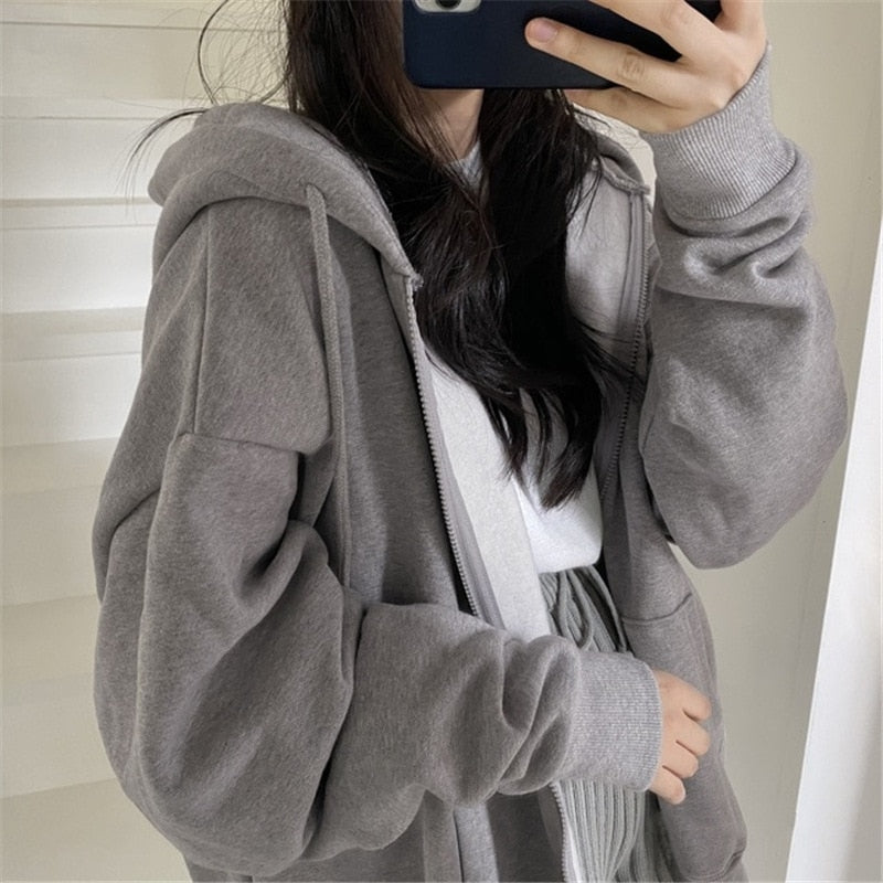Valenzora Reißverschluss Übergroße Unifarbene Kapuzenjacke mit Taschen, Lange Ärmel, Lockere Baseball-Jacke