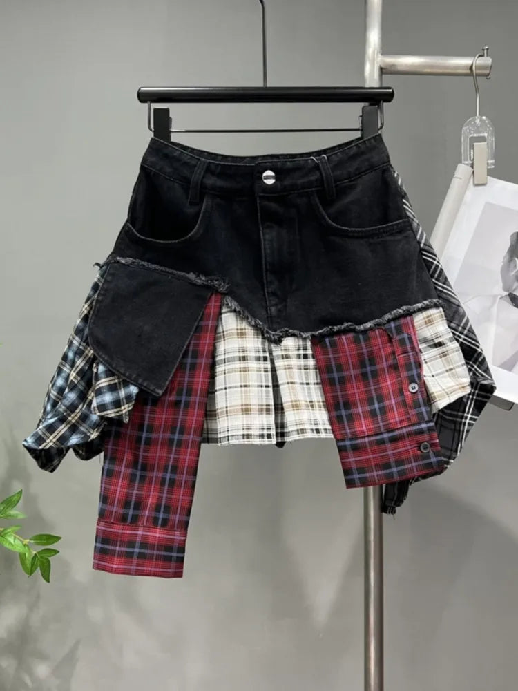 Valenzora | Vintage Irregular Patchwork Checkered Denim Short Skirts for Women High Waist Wrapped Hip Mini Skirt Summer Female