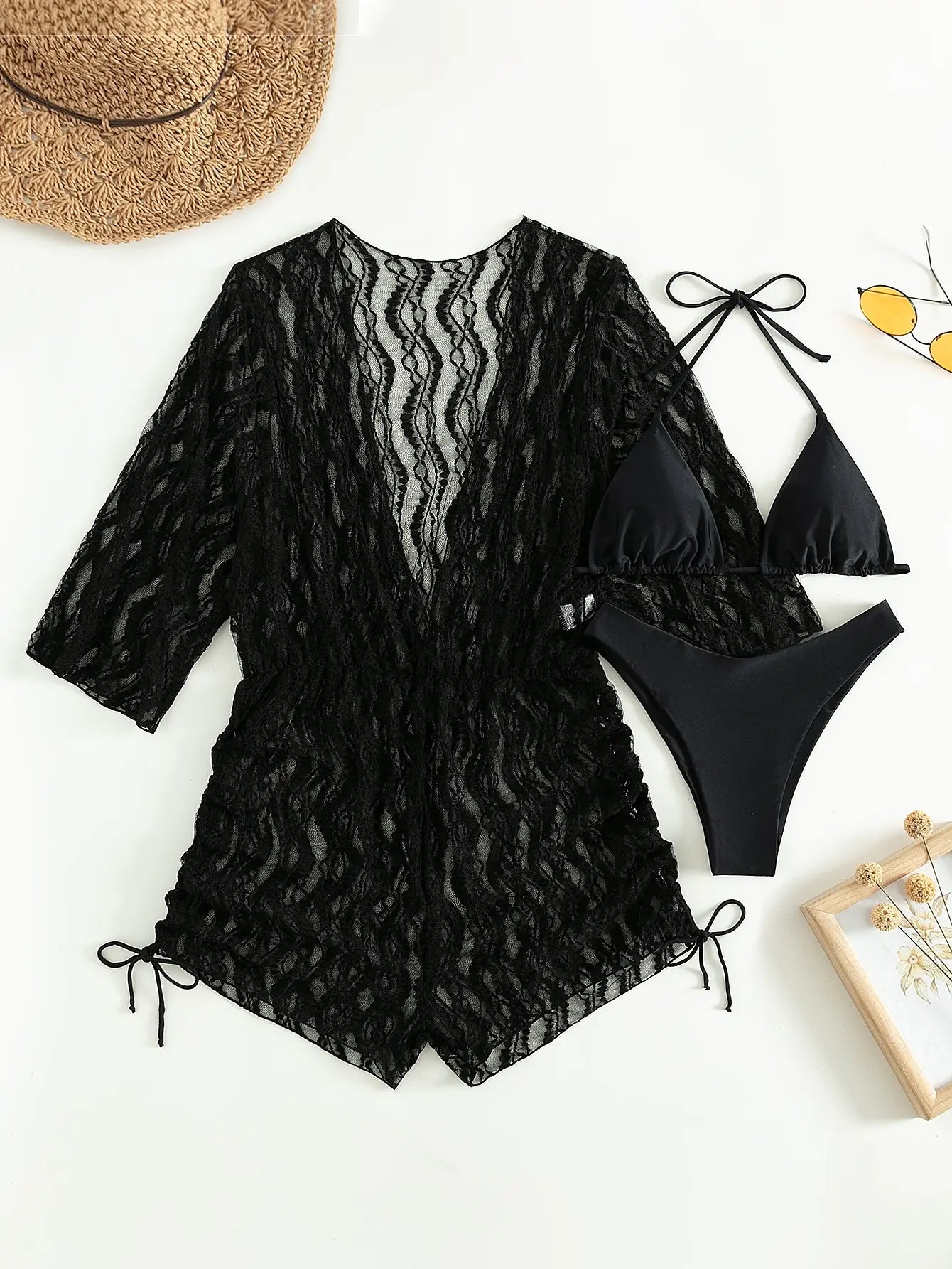 Valenzora | 3-teiliger Bikini mit tropischem Print, Neckholder, seitlicher Schnürung, Damen-Badeanzug, weibliche Bademode, Sommer-Strandbekleidung