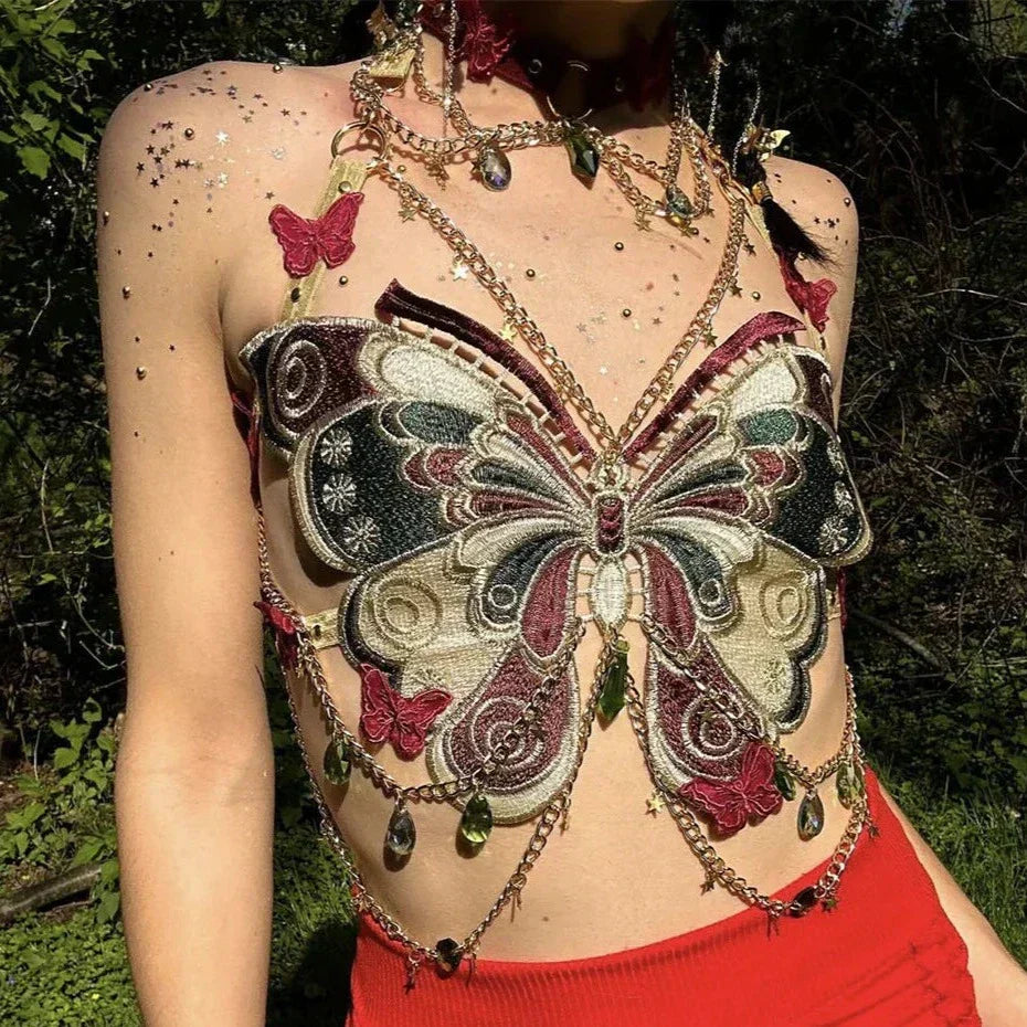 Valenzora | Besticktes Y2K-Schmetterlings-Crop-Top