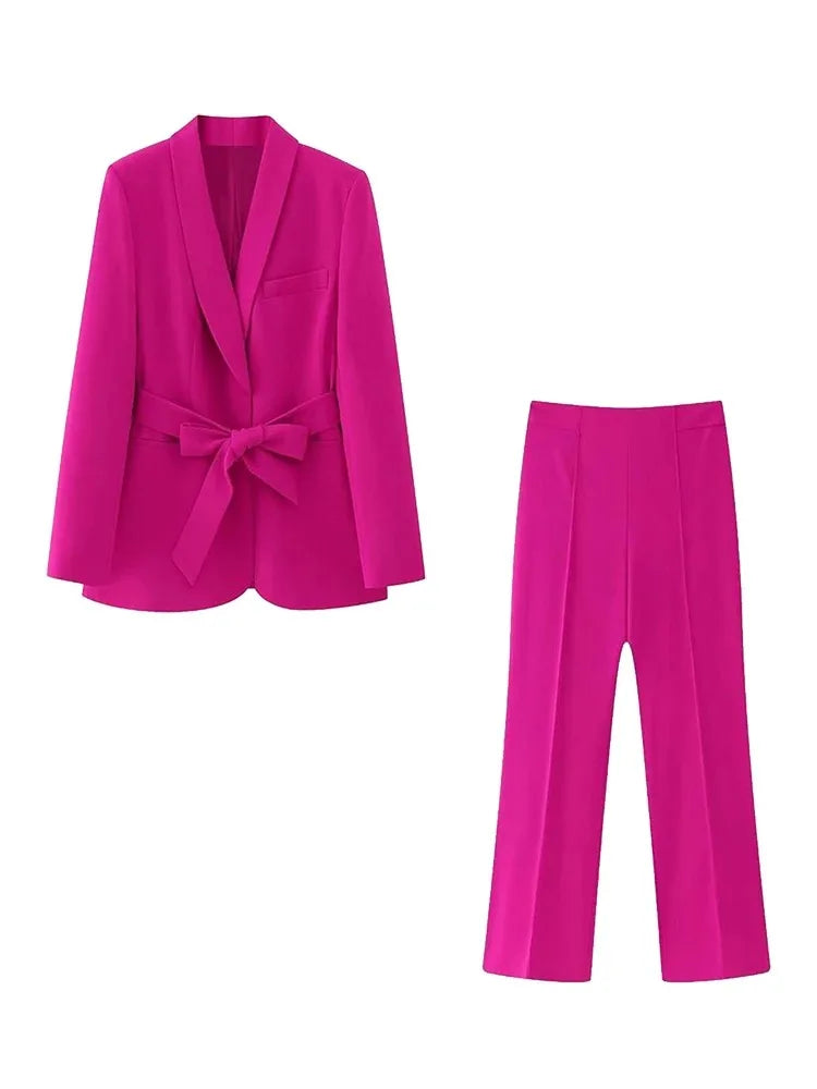 Valenzora | Damen Freizeit-Blazer, schicke Oberbekleidung, elegante Schlaghose, Langarm, V-Ausschnitt, Gürtel, Büro-Pendler-Anzugset