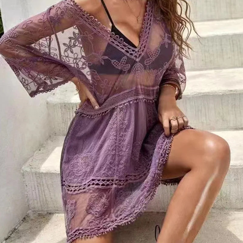 Valenzora | Beach throw V-neck crochet tunic dress