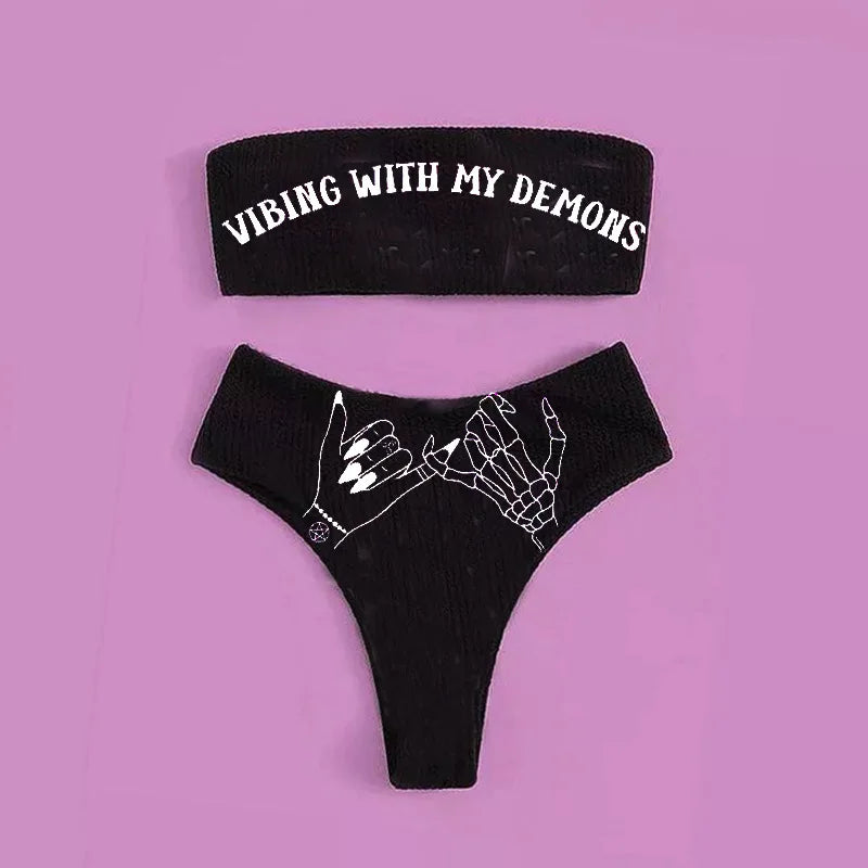 Valenzora | Sexy Goth Bikini Women's Letter Skull Print Swimsuit Split Swimsuit High Waist Gothic Bikini Set Beach Outfits