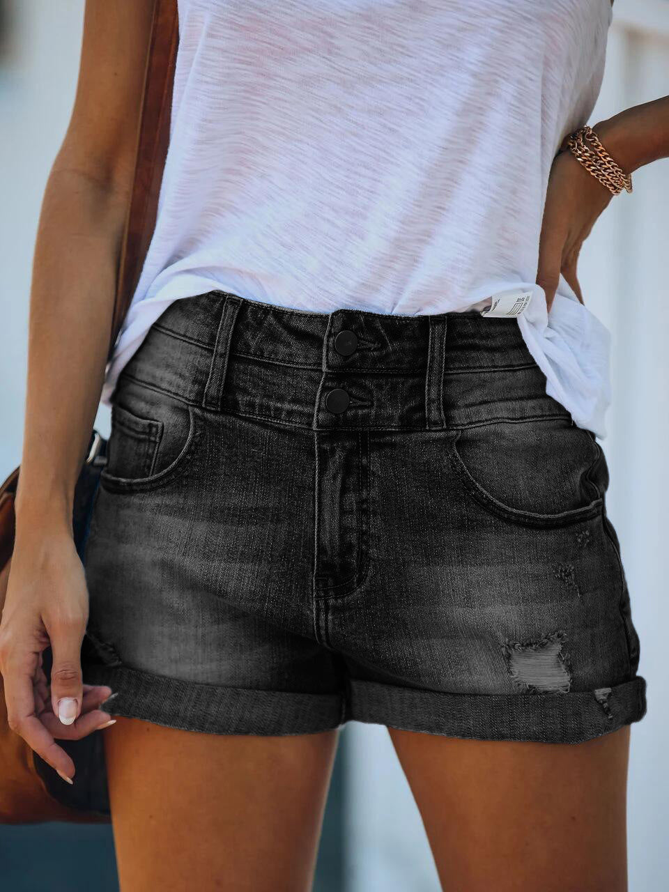 Valenzora | Damen Jeansshorts Zerrissen Gekrempelt Stretch High Waist Denim Shorts
