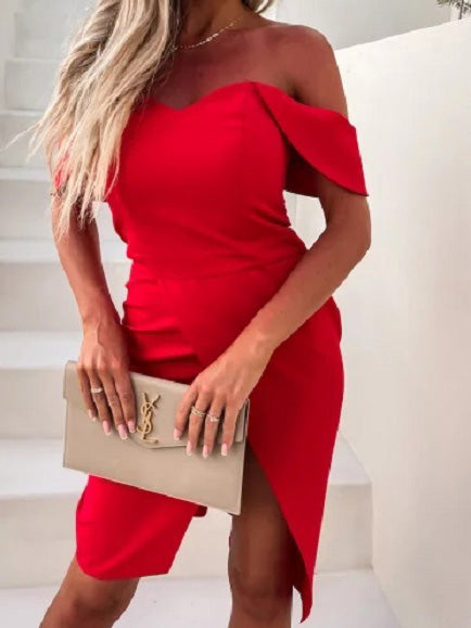Valenzora | Women's Solid One Shoulder Slim Fit Slit Dress