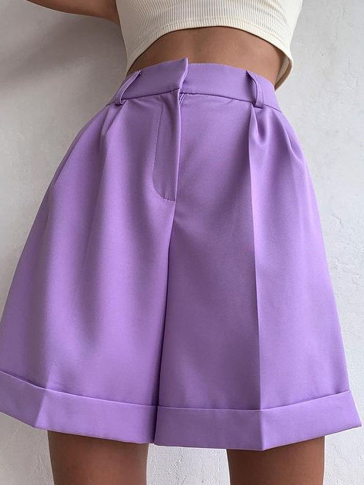 Valenzora | Women's Shorts Solid Color Zipper Pocket Straight Shorts