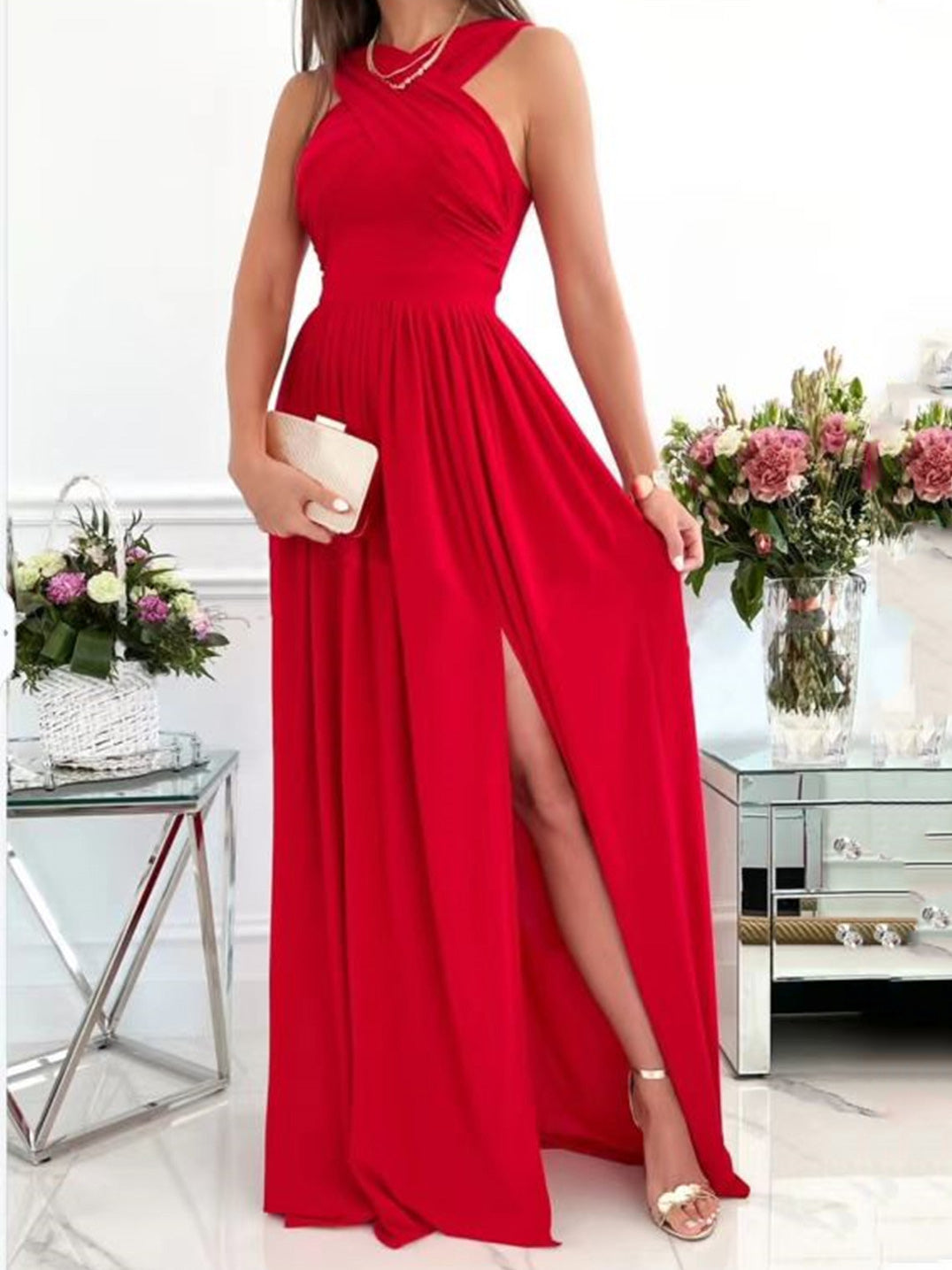 Valenzora | Women's Dresses Necktie Open Back Sleeveless Slit Dress