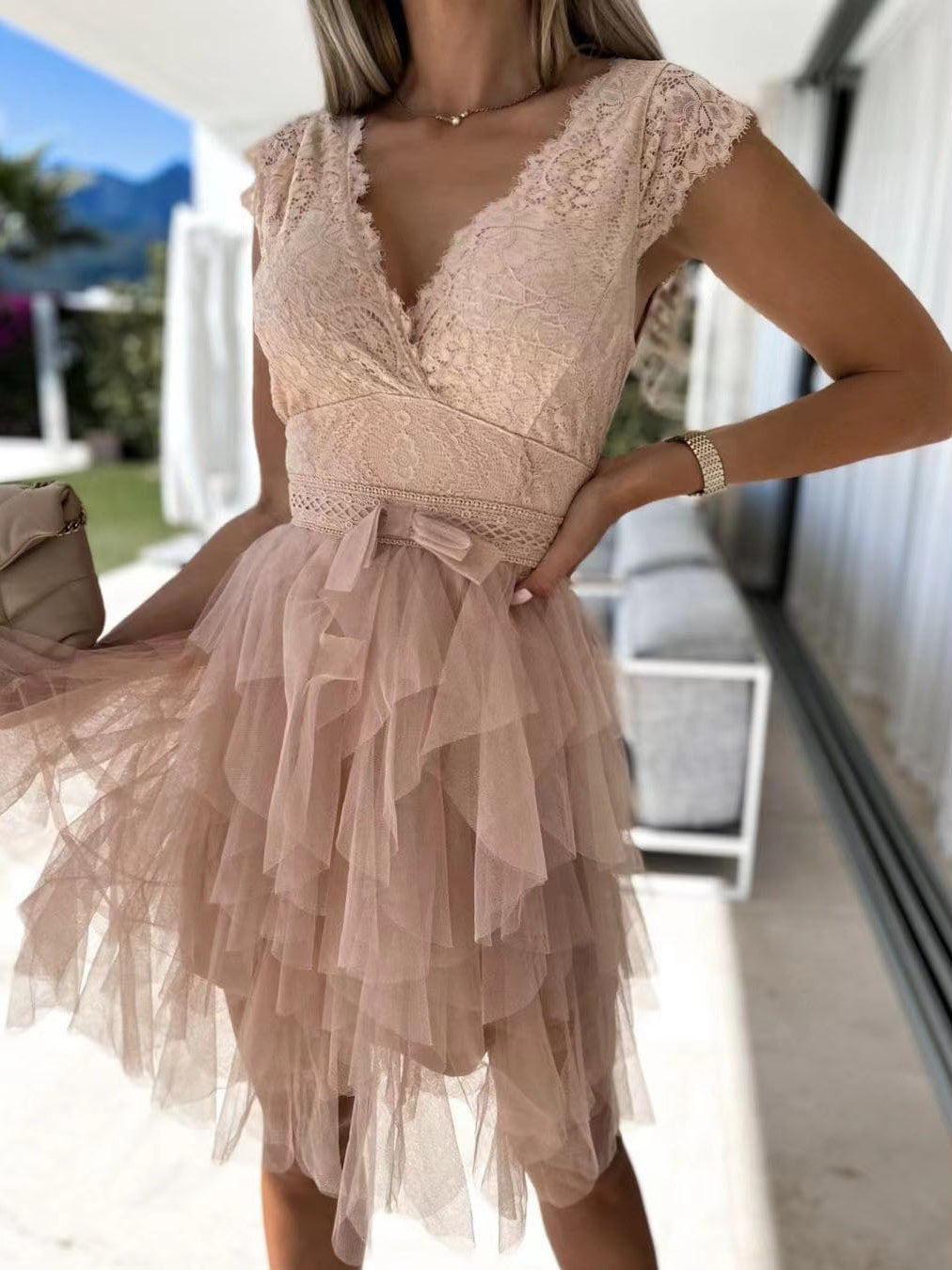 Valenzora | Women's V-neck Lace Mesh Irregular Dress