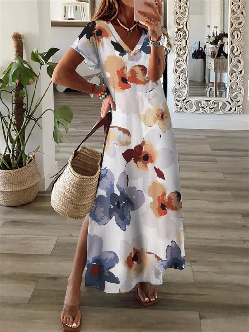 Valenzora | Women's Floral Print V-Neck Short Sleeve Slit Dress