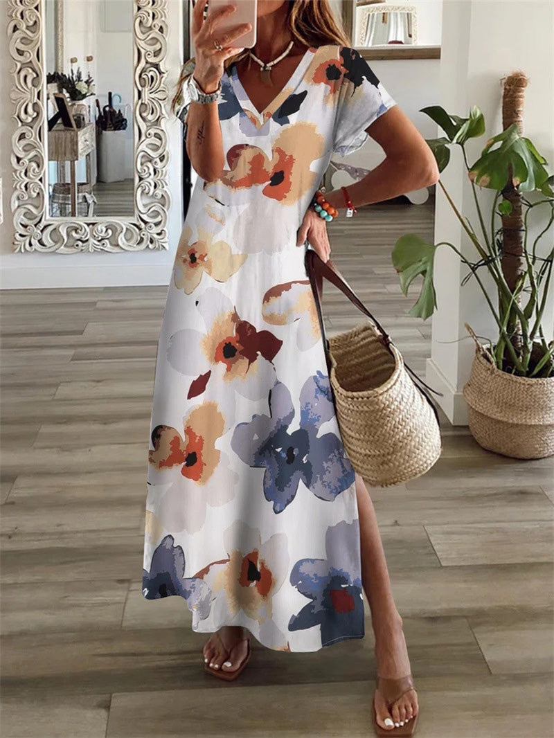 Valenzora | Women's Floral Print V-Neck Short Sleeve Slit Dress