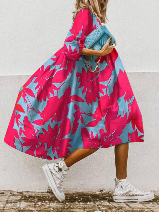 Valenzora | Damenkleider Locker Bedrucktes Kurzarm-Midikleid