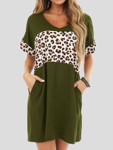 Valenzora | Damen Rundhals-Kleid mit Leo-Print und Taschen, Freizeitkleid