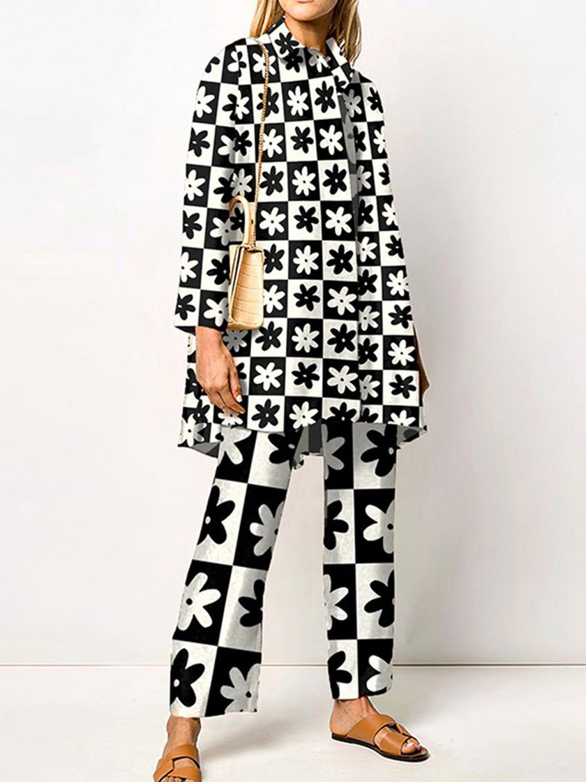 Valenzora | Women's Set Printed Long-Sleeve Blouse & Trousers Two-Piece Set
