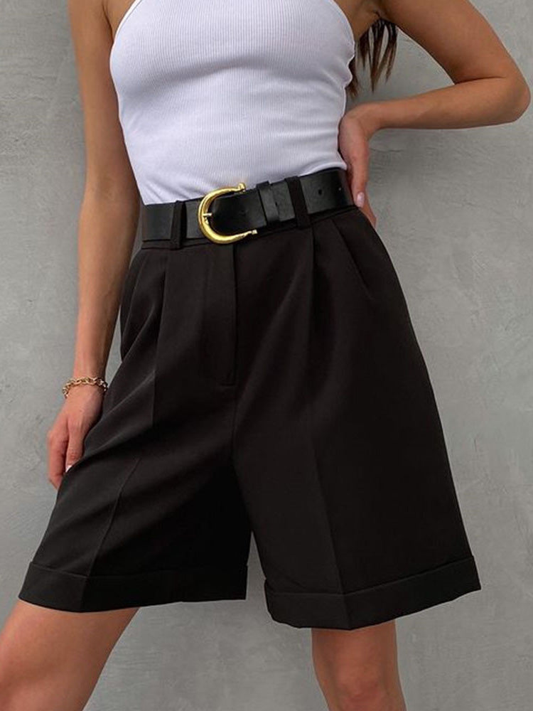 Valenzora | Women's Shorts Solid Color Zipper Pocket Straight Shorts