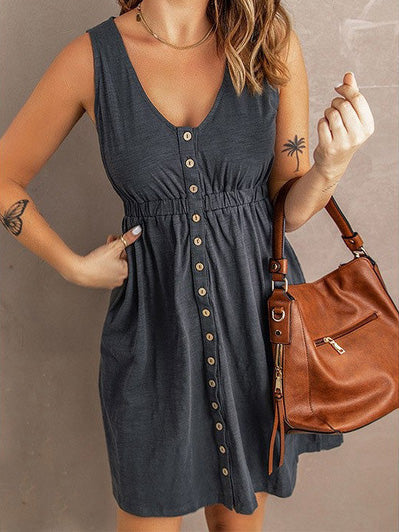 Valenzora | Women's Dresses Solid Color Button Elastic Waist Sleeveless Dress