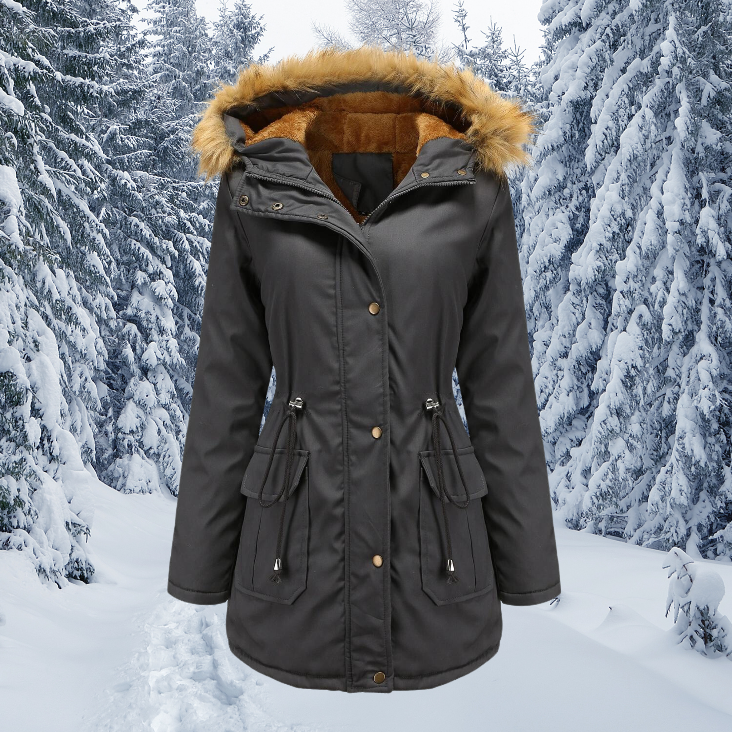 Padded fur collar with hood. Warm winter jacket.