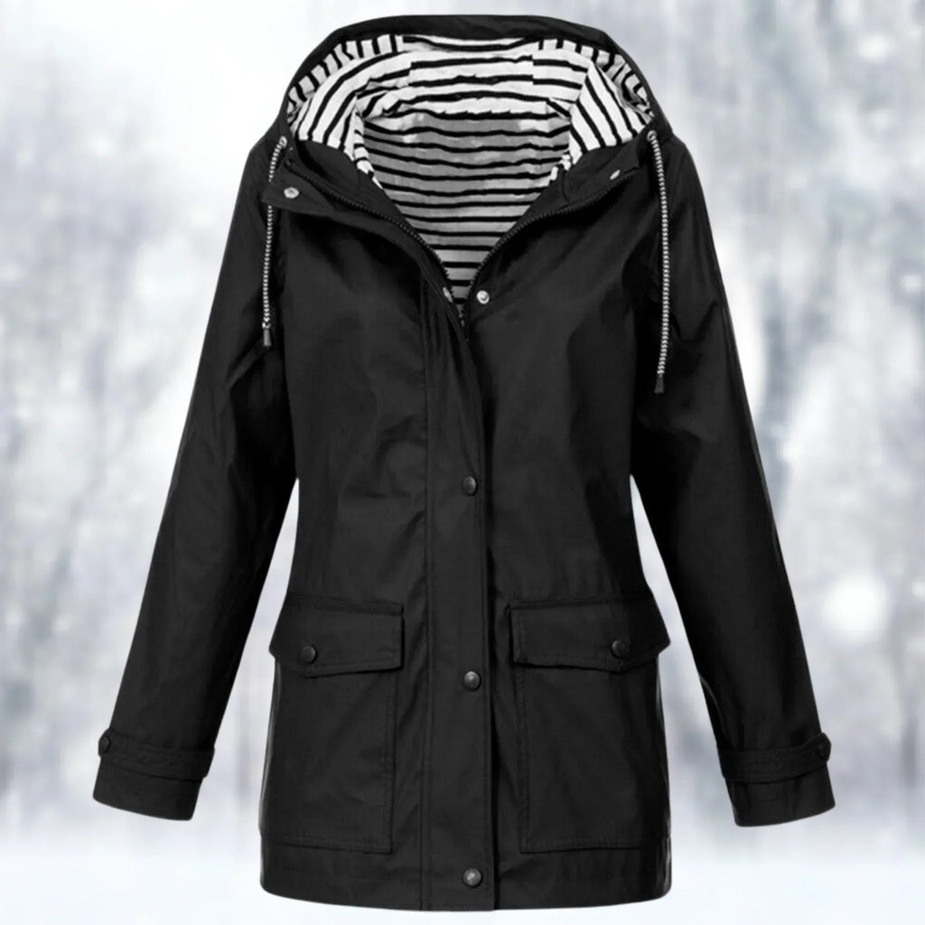Valenzora | Waterproof rain jacket with hood, adjustable drawstring, zipper & button closure