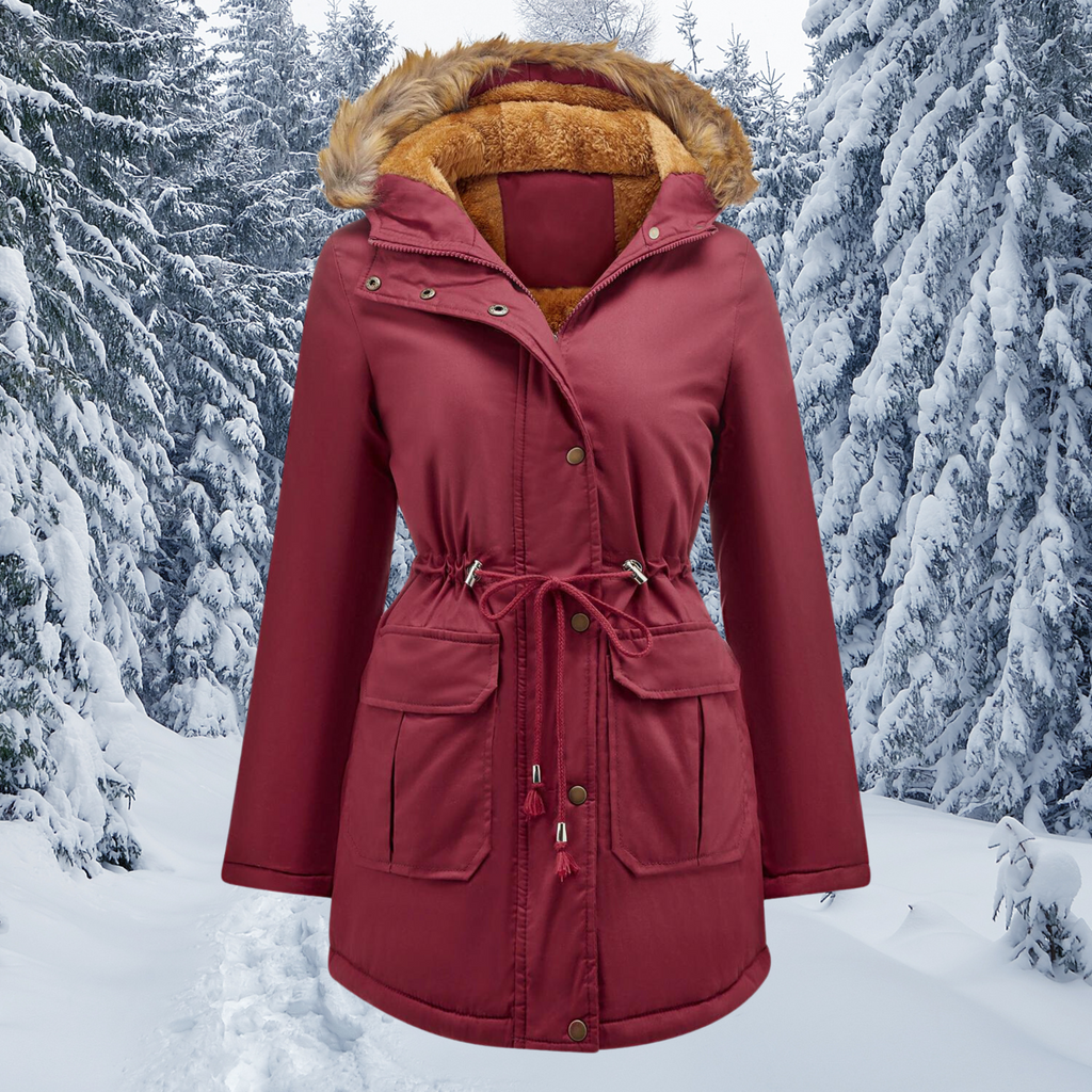Padded fur collar with hood. Warm winter jacket.
