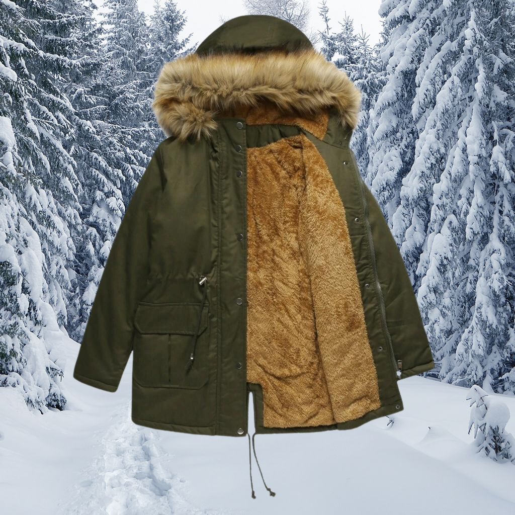 Padded fur collar with hood. Warm winter jacket.