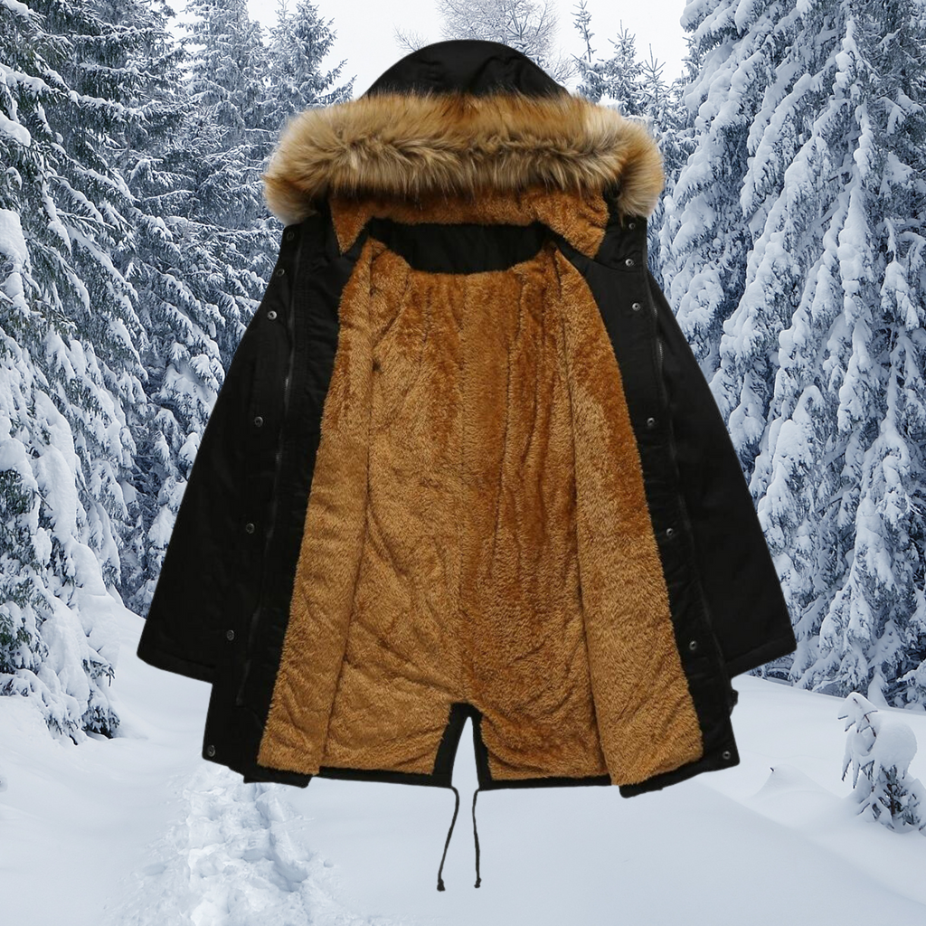 Padded fur collar with hood. Warm winter jacket.