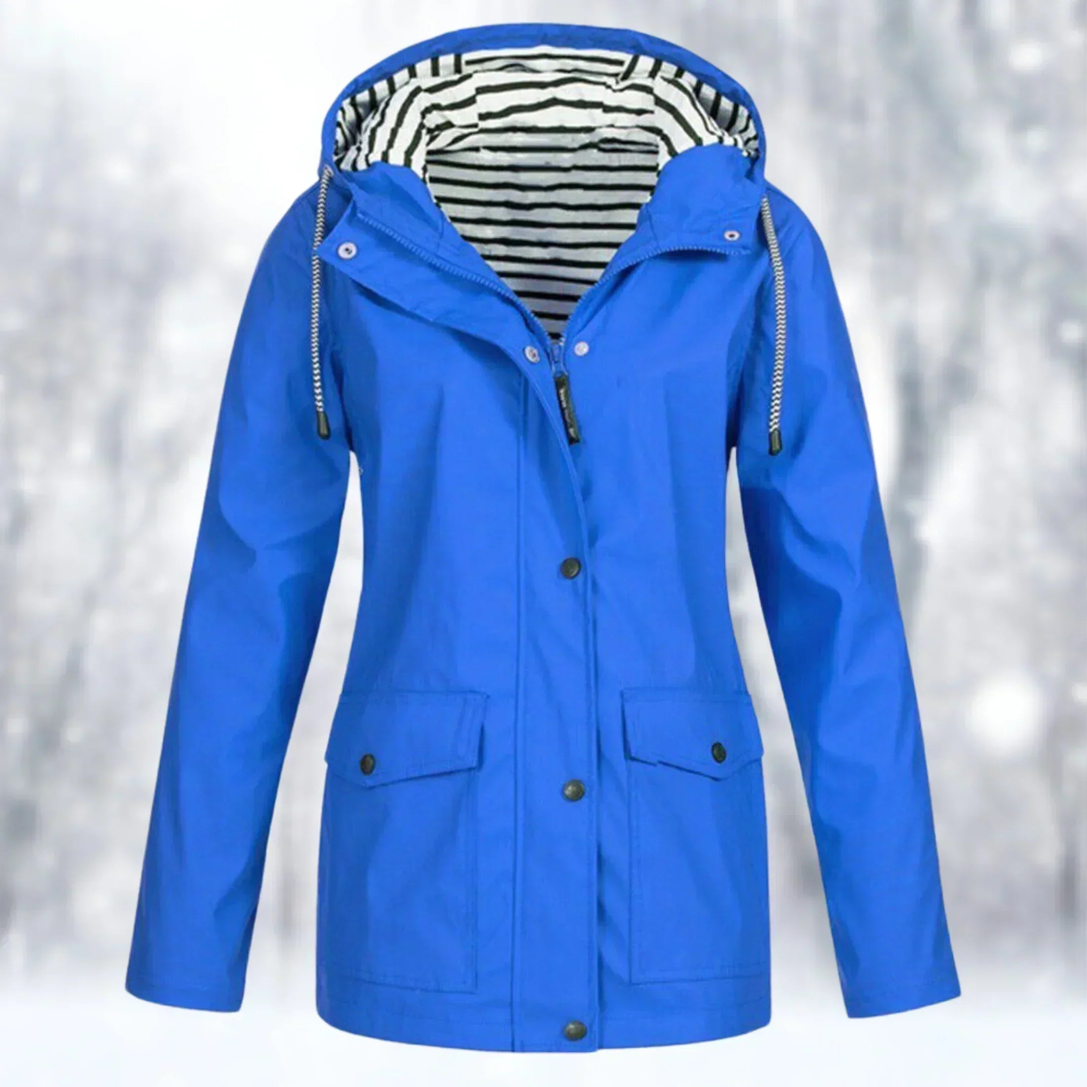 Valenzora | Waterproof rain jacket with hood, adjustable drawstring, zipper & button closure