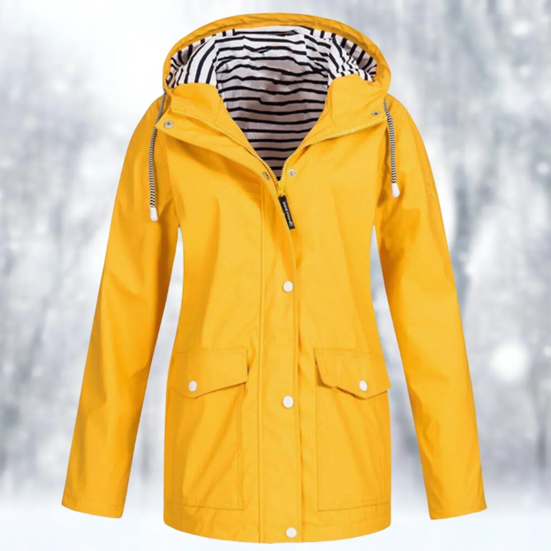 Valenzora | Waterproof rain jacket with hood, adjustable drawstring, zipper & button closure