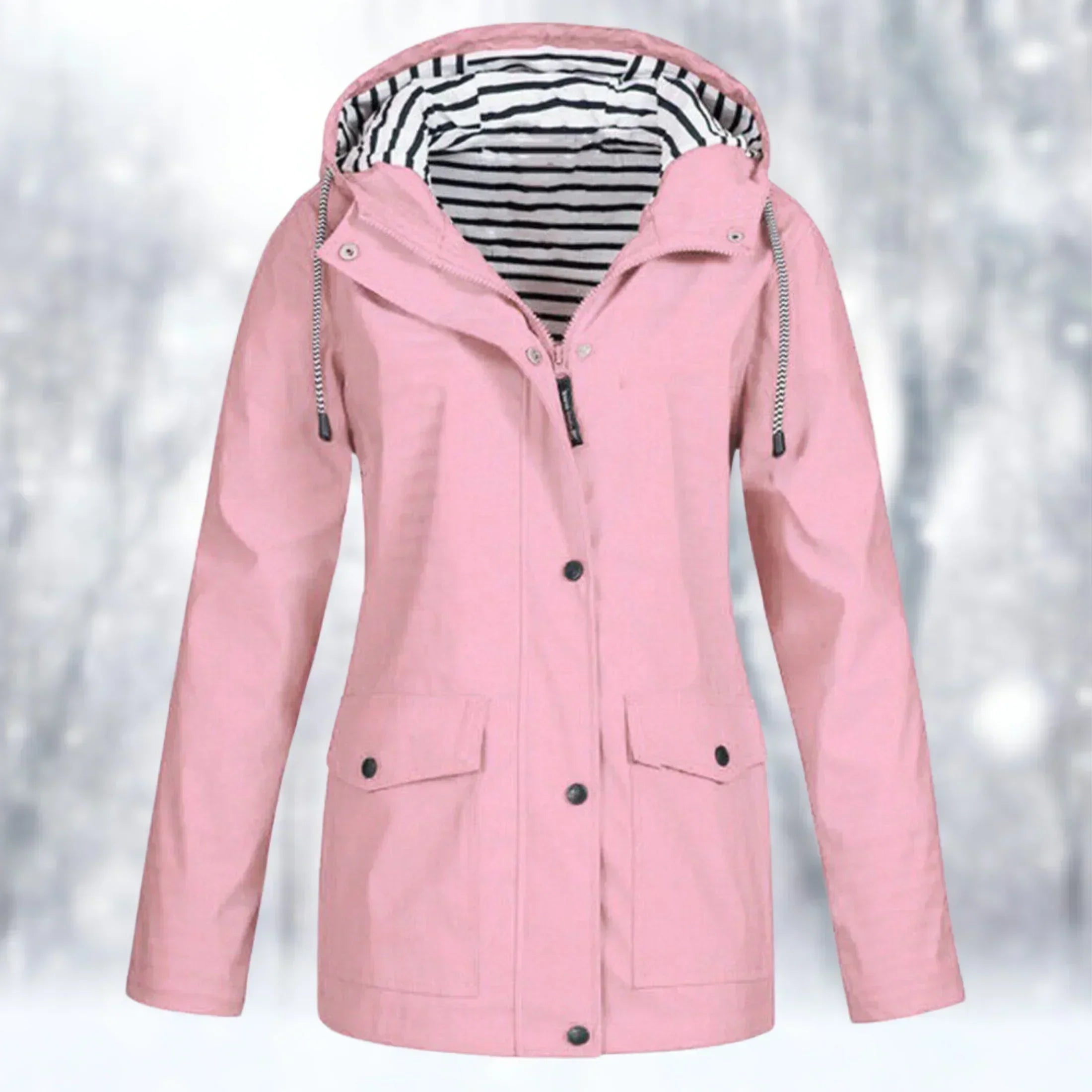 Valenzora | Waterproof rain jacket with hood, adjustable drawstring, zipper & button closure