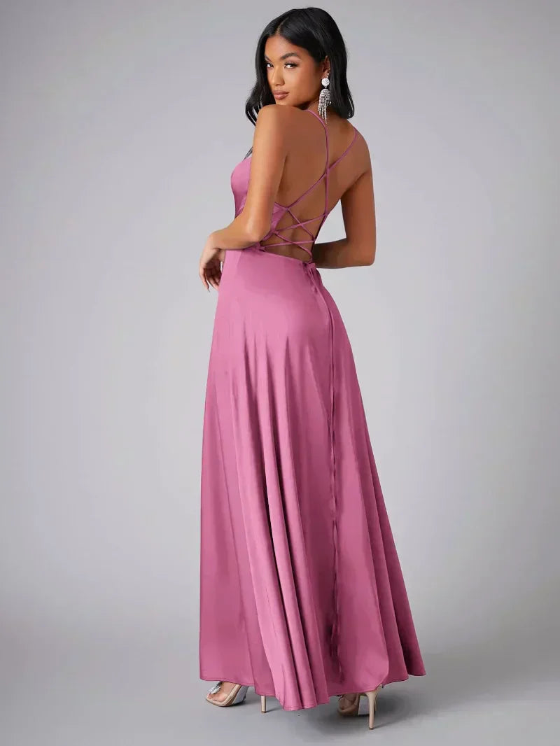 Valenzora | Seidenmaxikleid mit geflochtenem Rücken. Kleiden Sie sich für festliche Anlässe. Lucette