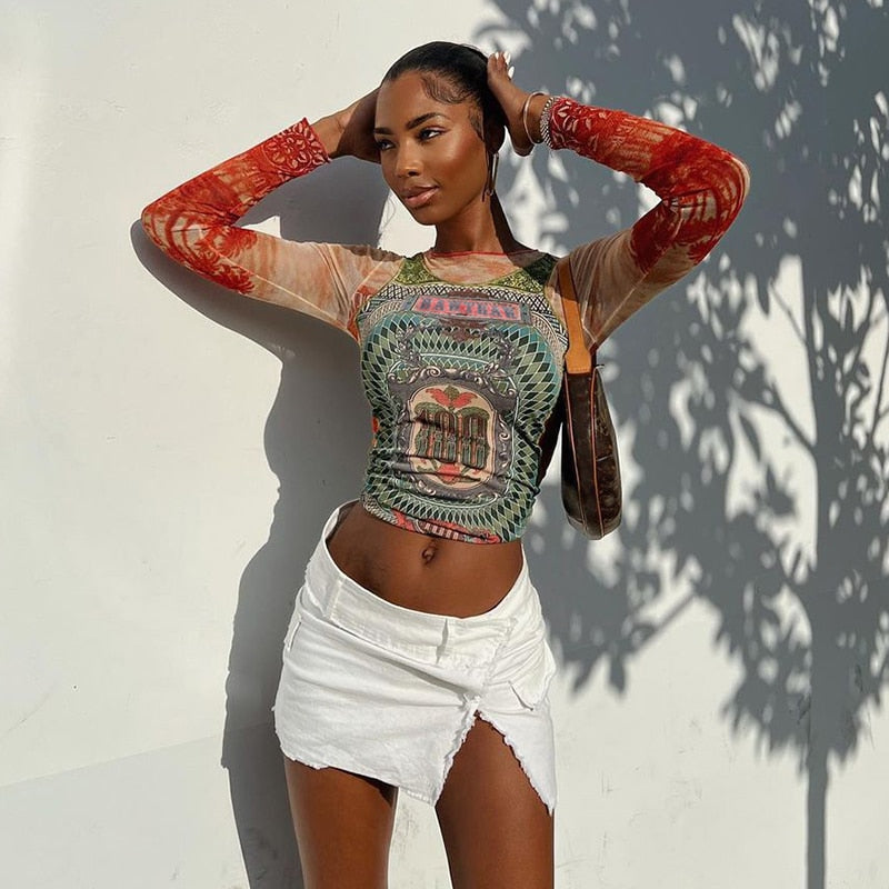 Valenzora | Long-sleeved mesh top with tattoo print