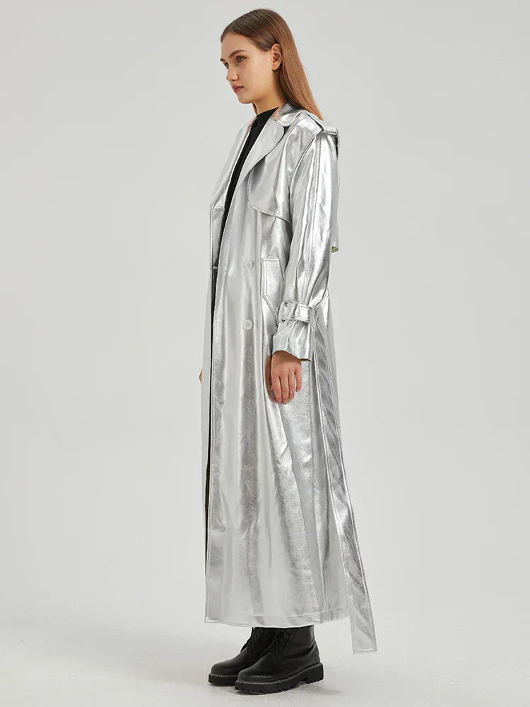 Valenzora | Lautaro Autumn Extra Long Gold Shiny Patent PU Leather Trench Coat for Women Simple Buckle Luxury Designer Overcoat